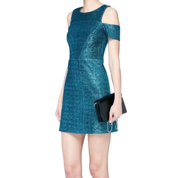 TopShop Teal Metallic Tinsel Cold Shoulder Mini Dress 2 Shiny Formal Short - Picture 2 of 7